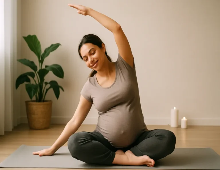 Pregnant woman stretching sideways while seated cross-legged