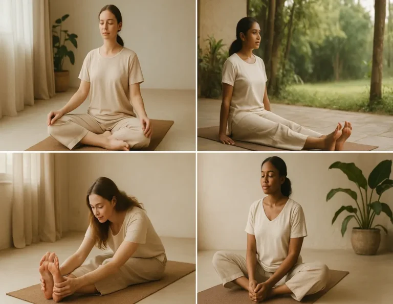 Group of seated yoga poses including Sukhasana, Dandasana, and Butterfly