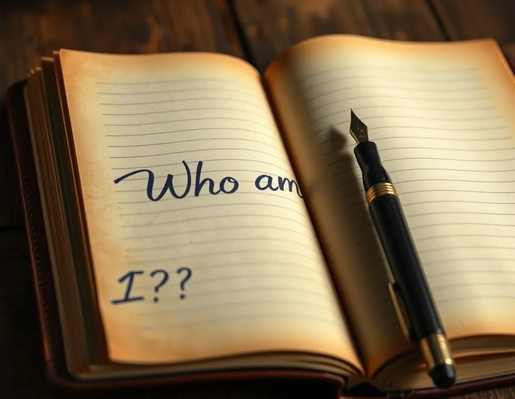 Learn the jnana yoga meaning with open journal with handwritten “Who am I?” and a pen beside it