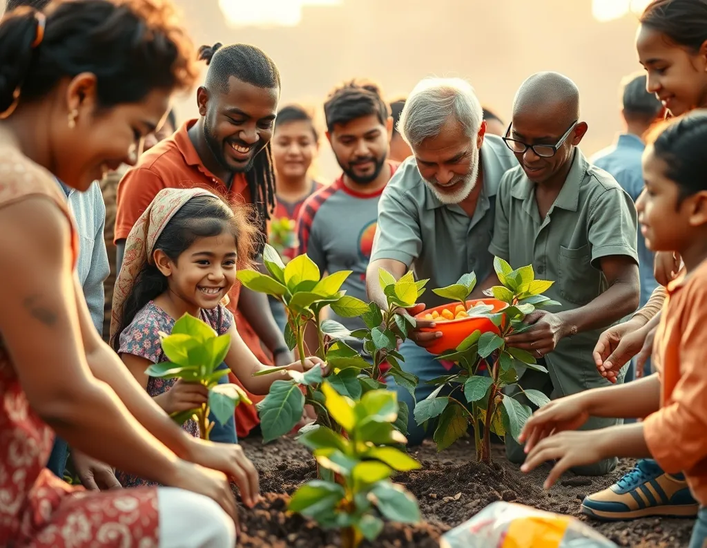 Diverse people planting trees together as an act of selfless service