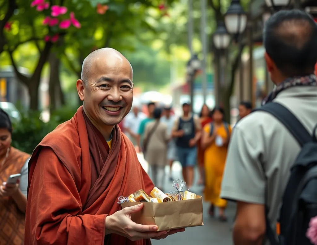 What is seva -A Volunteer distributing food outside temple 
