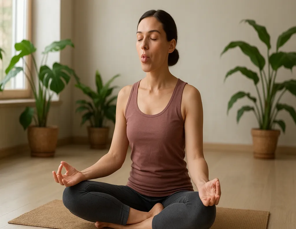 Woman performing Sheetali pranayama by curling the tongue