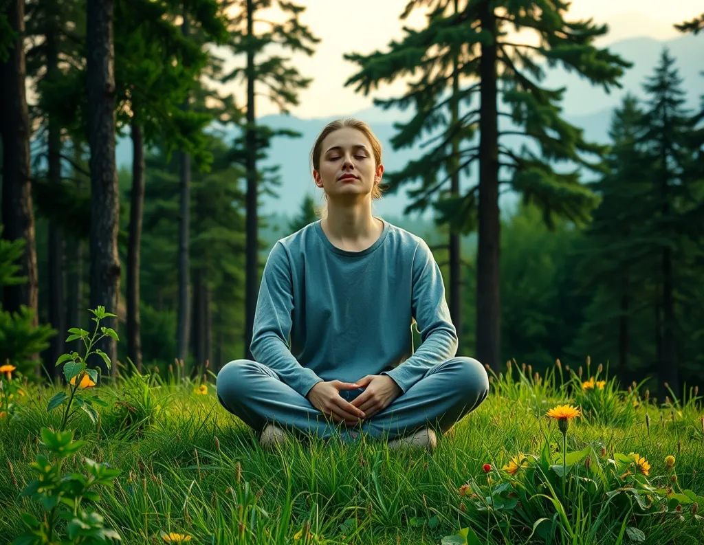 Person meditating peacefully in a natural setting, eyes closed in self-inquiry