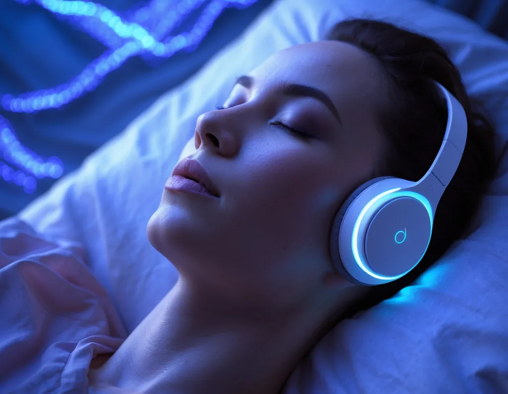 Person lying in bed with headphones on, peaceful expression, nighttime ambiance for sleep sound meditation