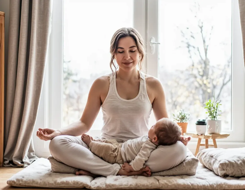 Mom meditating with kid in her lap after discovering postpartum yoga benefits