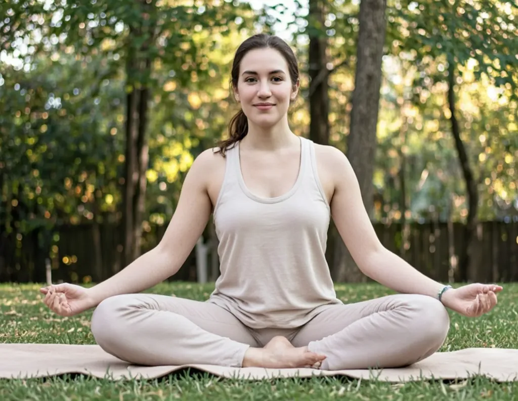 Woman practicing Sukhasana (Easy Pose) outdoors in nature