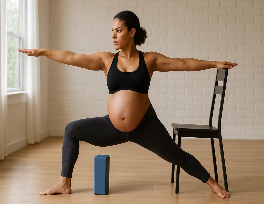 Pregnant woman in Warrior II with support under feet and hips.