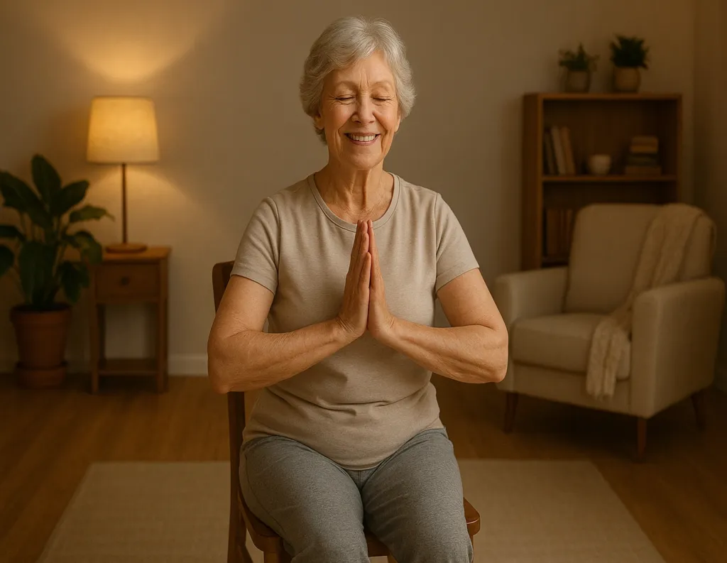 Elder in chair pose smiling