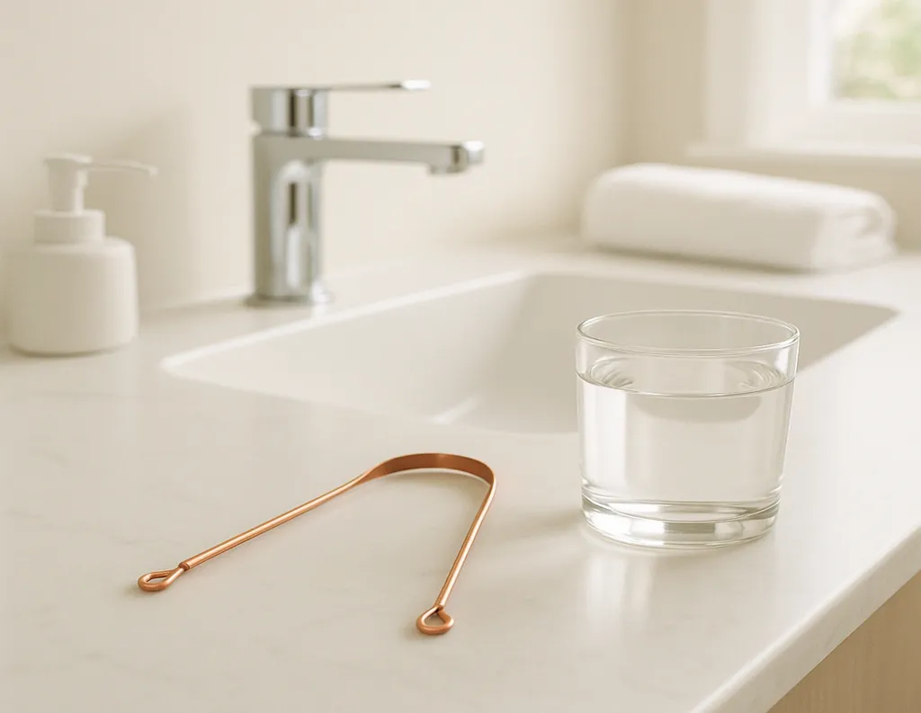 Ayurvedic tongue scraper and glass of warm water in a bathroom setup