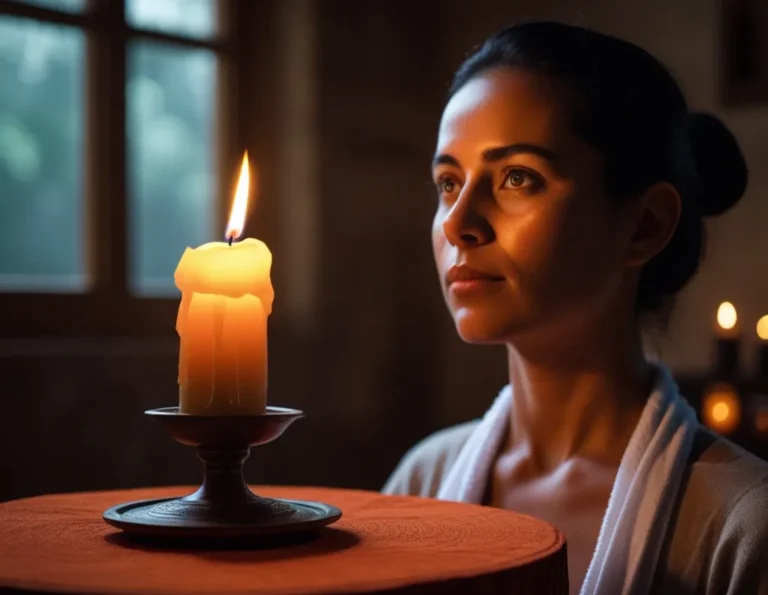 Person deeply focused on candle flame during Trataka meditation.
