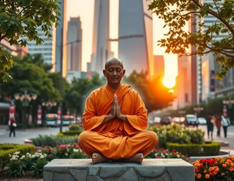 A serene Eastern monk in saffron robes meditating amidst a modern cityscape, symbolizing inner peace as Eastern Wisdom for Modern Life
