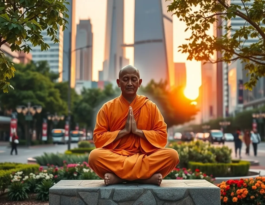 A serene Eastern monk in saffron robes meditating amidst a modern cityscape, symbolizing inner peace as Eastern Wisdom for Modern Life