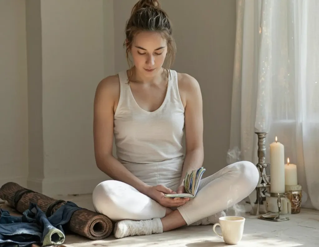 Woman journaling yoga for strength building poses post-workout