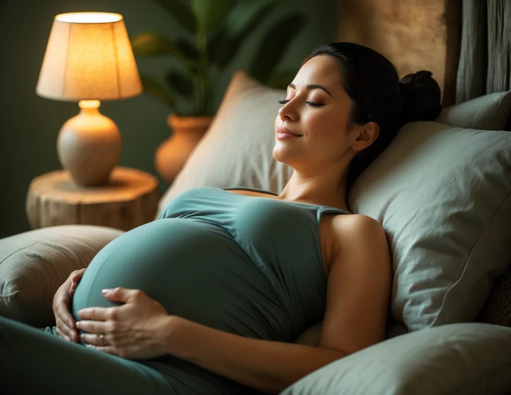 Pregnant woman in savasana pose with pillow support, practicing Yoga Nidra meditation