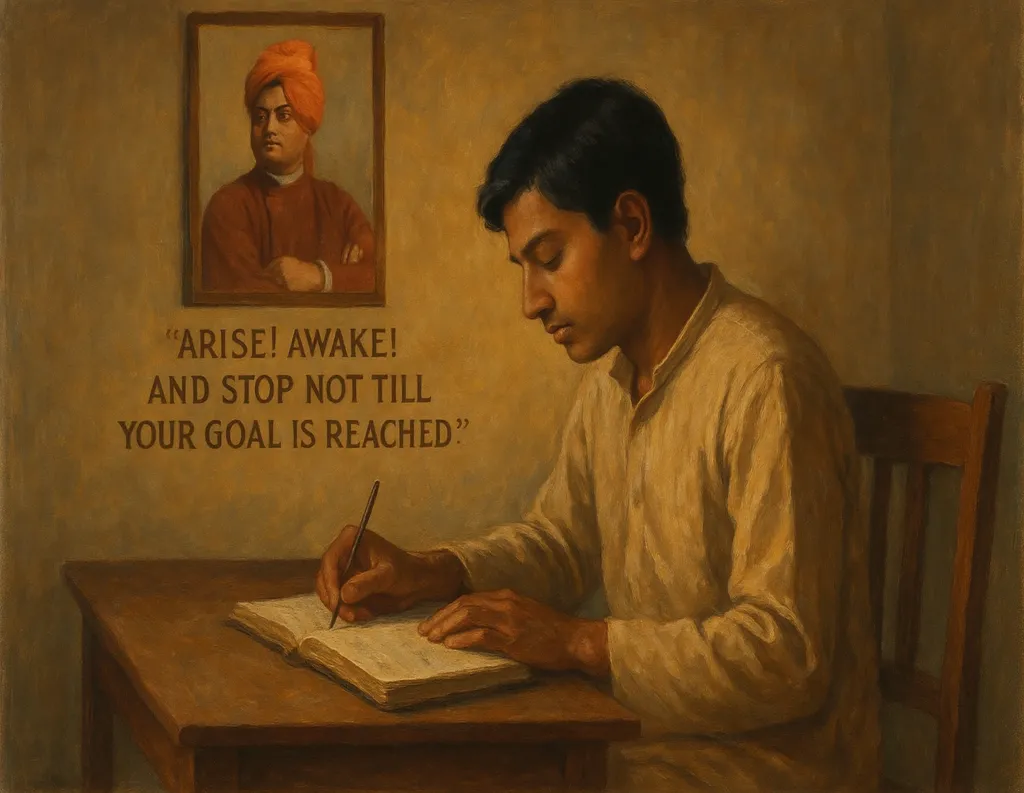 Young individual writing inspirational quotes by Swami Vivekananda in a journal, seated in a calm study environment

