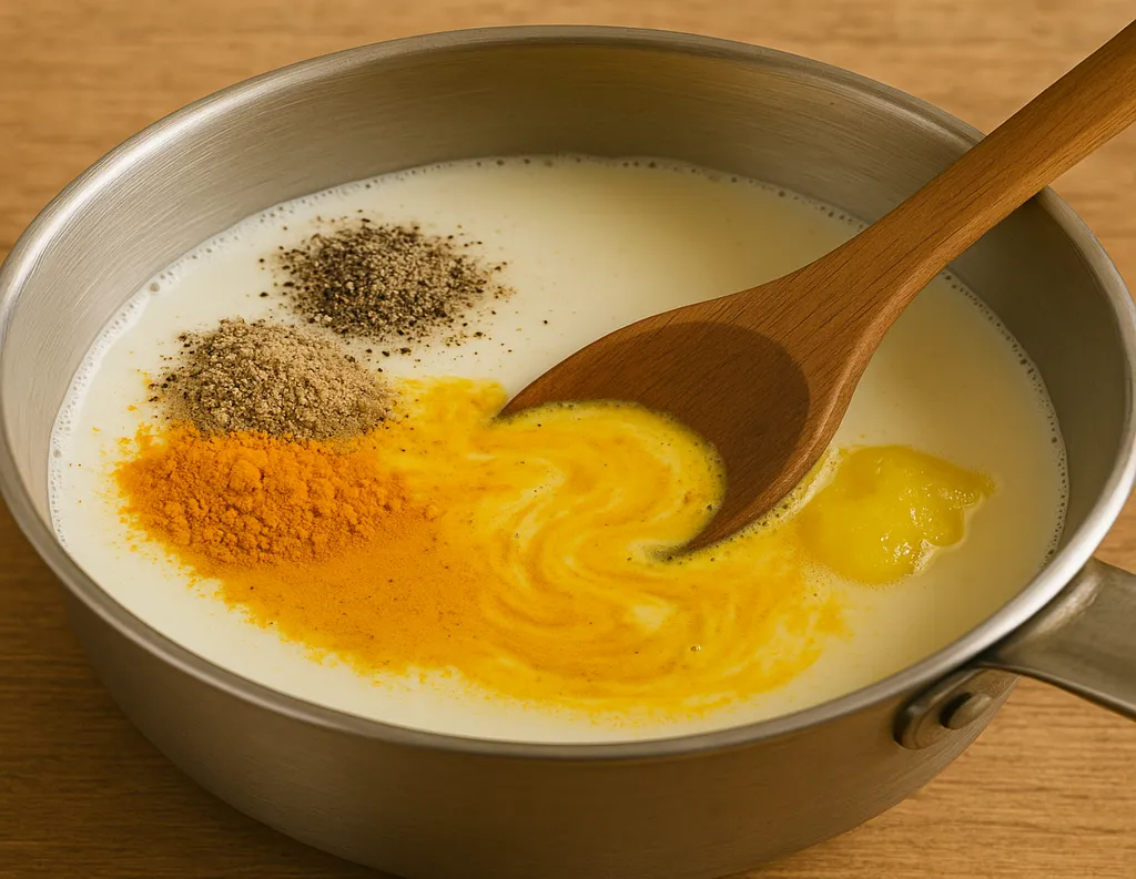  Turmeric, black pepper and cardamom being added to milk