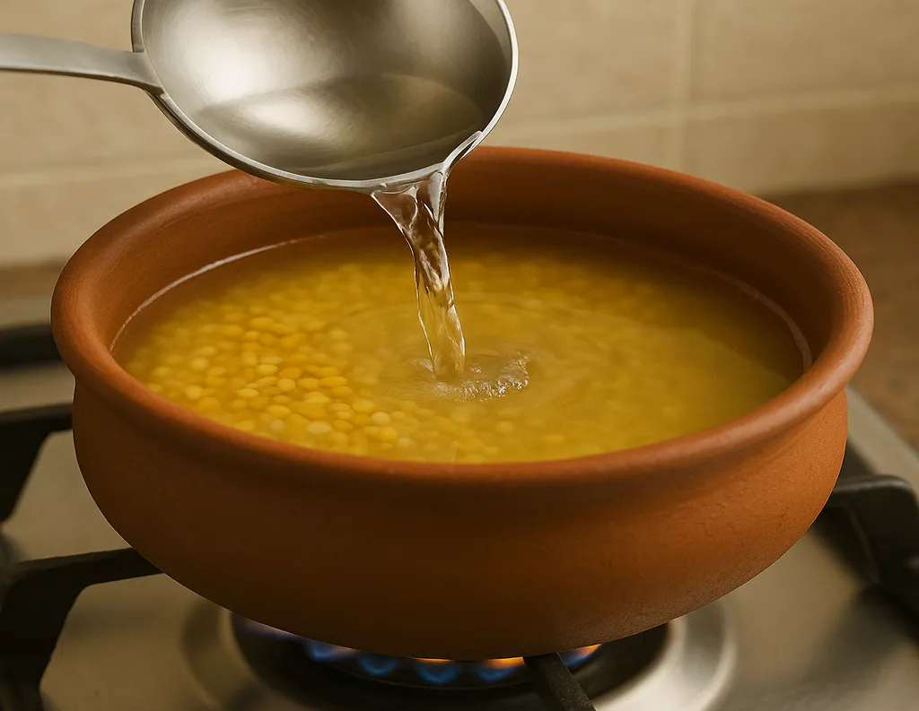 Moong dal and water added to pot for sattvic khichdi