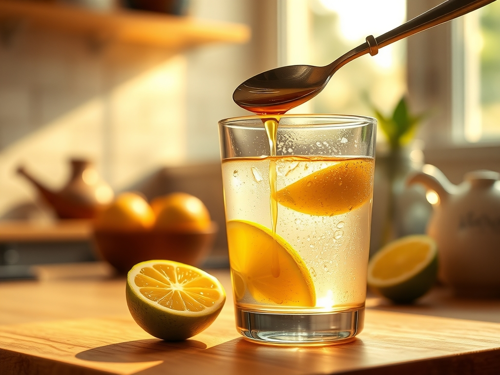 A spoon of raw honey being mixed into a glass of warm water	
