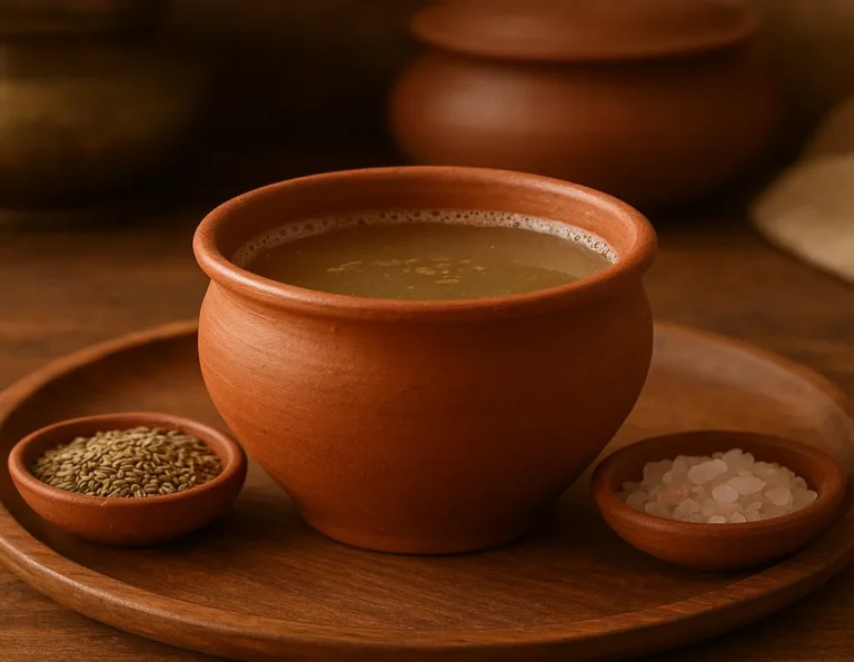 Warm ajwain and rock salt digestive drink served in a clay cup with carom seeds beside it.