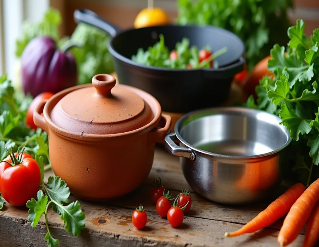 Clay pot, cast iron skillet, and stainless steel pan on rustic wooden kitchen counter as best cookware for health
