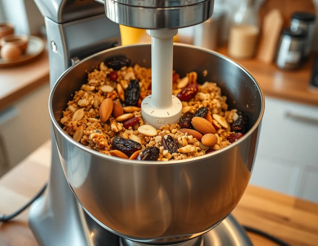 Dates and nuts being blended into coarse dough