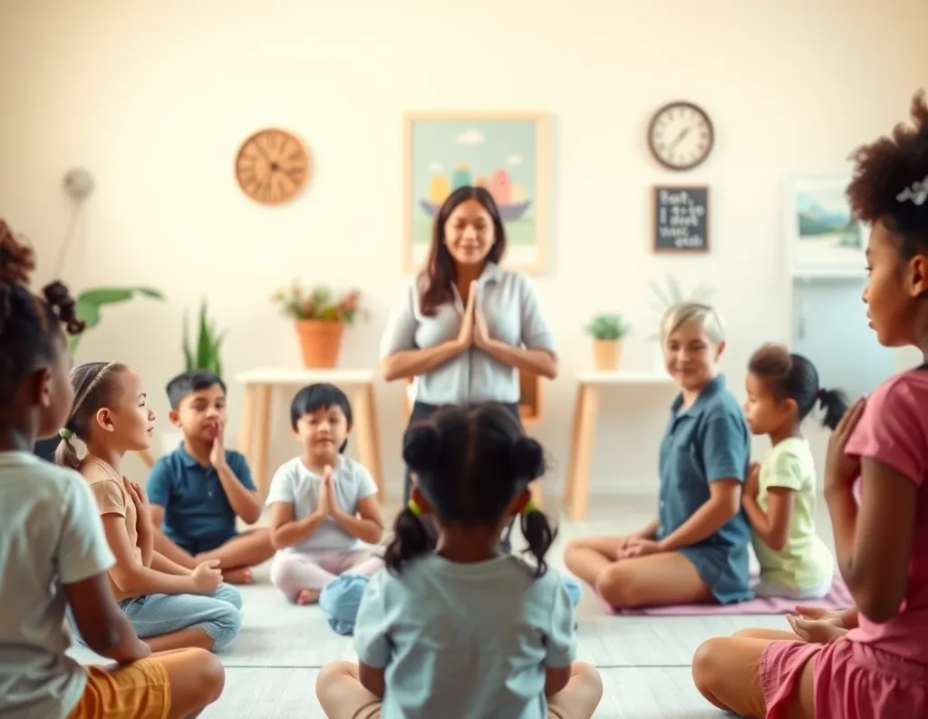 School children sitting in quiet meditation with teacher supervision