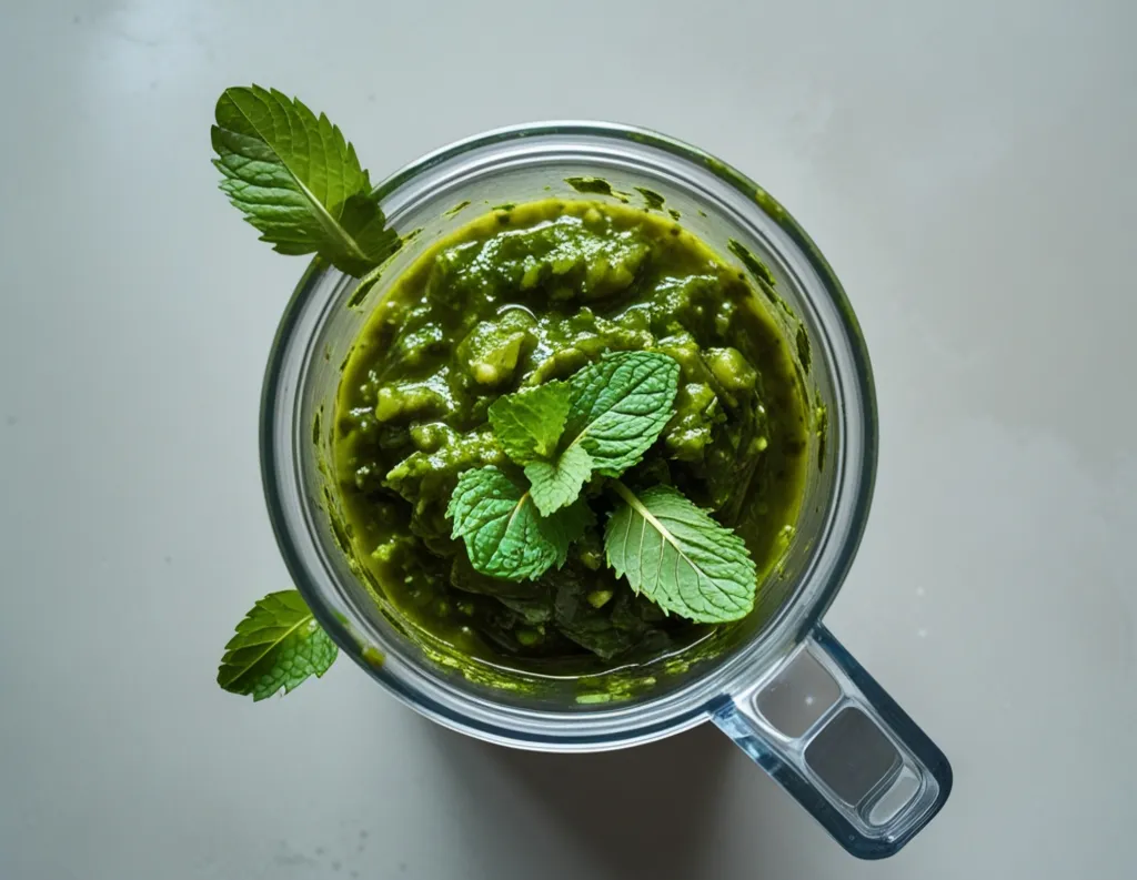 Blender mixing fresh mint and coriander into green chutney