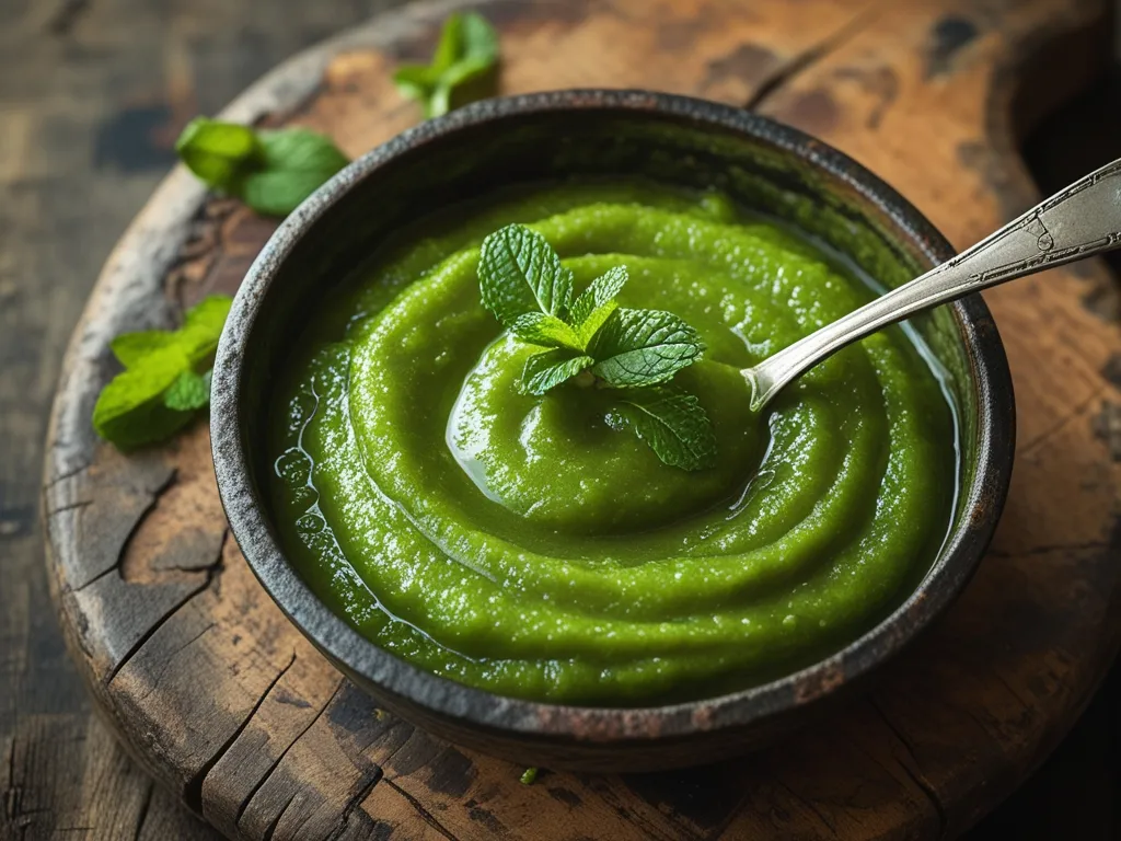 Smooth green chutney in glass bowl with spoon