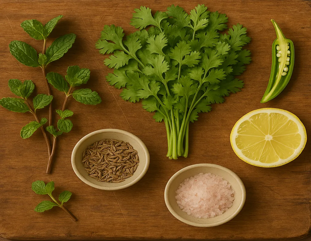  Fresh mint, coriander, green chili, lemon, cumin seeds and salt arranged for chutney

Title: Ingredients for Mint‑Coriander Chutney