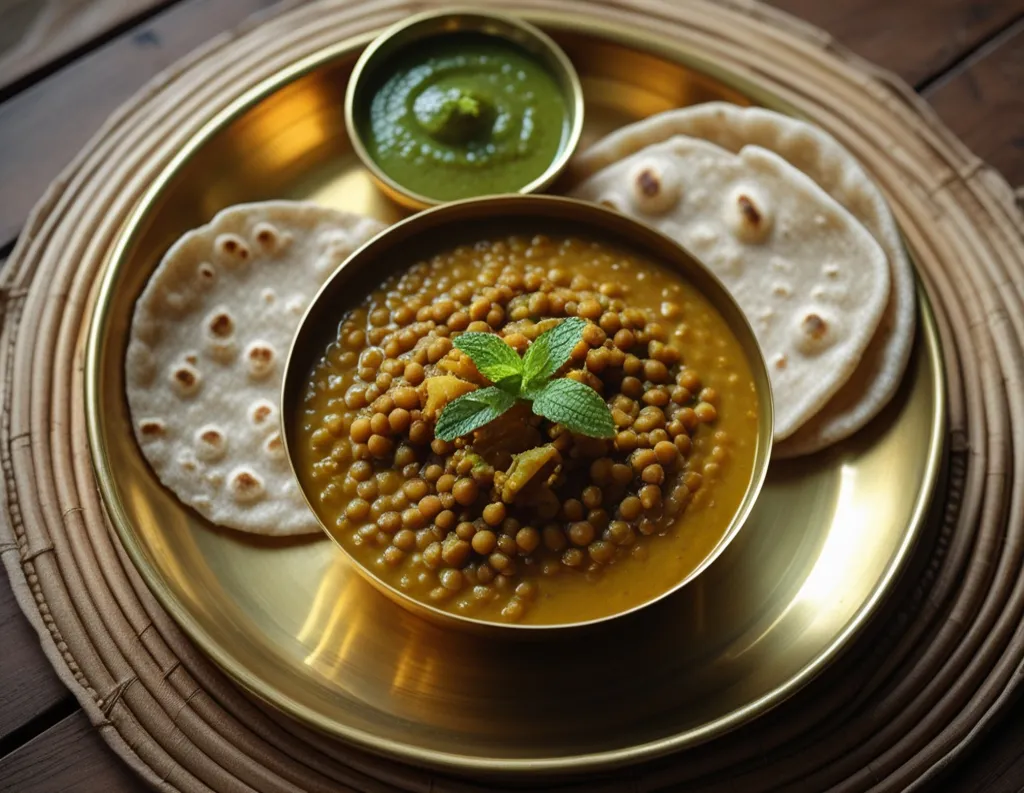 : Mint‑coriander chutney served alongside a bowl of lentil dal and chapati