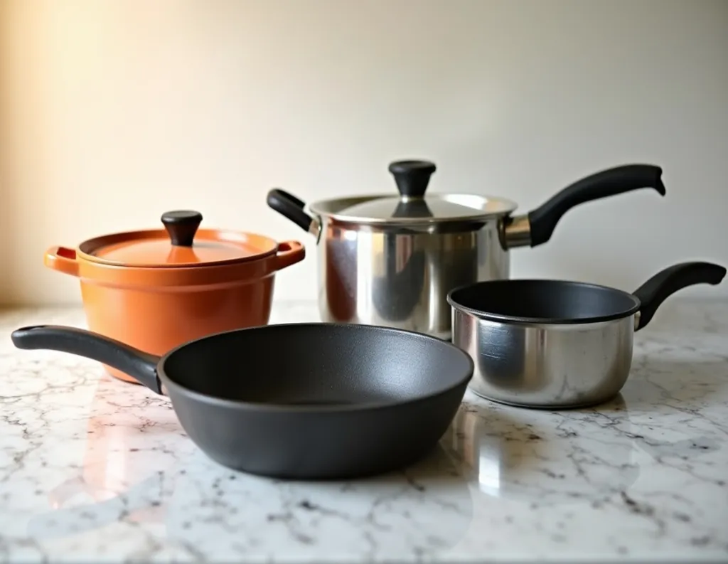ide-by-side clay pot, cast iron pan, non-stick and stainless steel saucepan