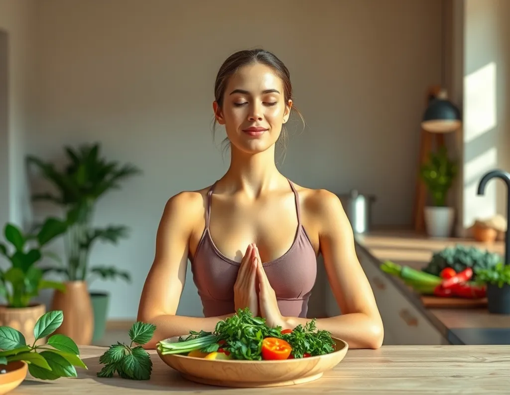 Woman embracing holistic lifestyle meaning through yoga and sattvic meal prep


