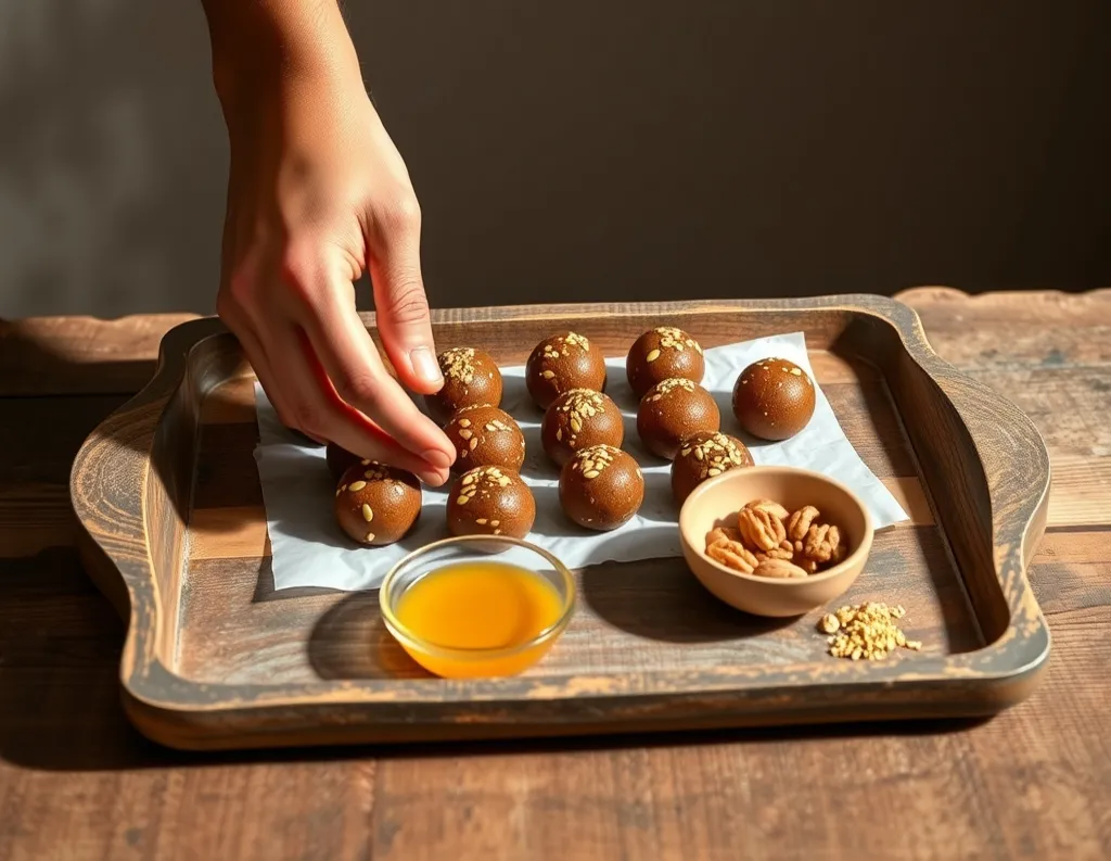 Homemade sattvic dates energy balls made with dates, nuts, sesame, jaggery for periods also