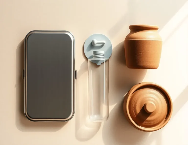 Plastic-free stainless steel, glass, and clay as eco friendly food containers on a wooden counter