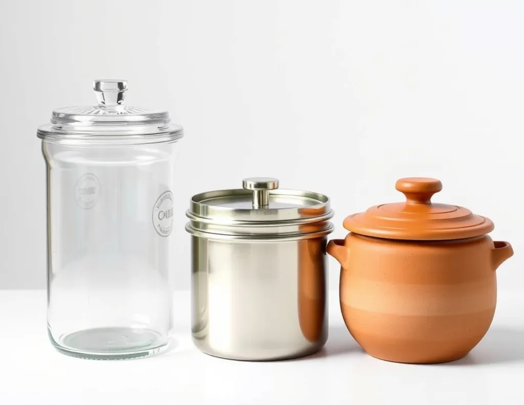 Side-by-side comparison of glass container with lid and stainless steel lunch box and with clay pot