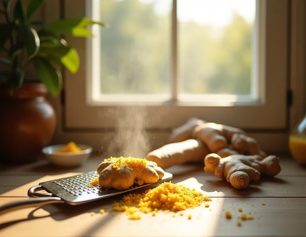 Fresh ginger root being grated on a stainless steel grater	