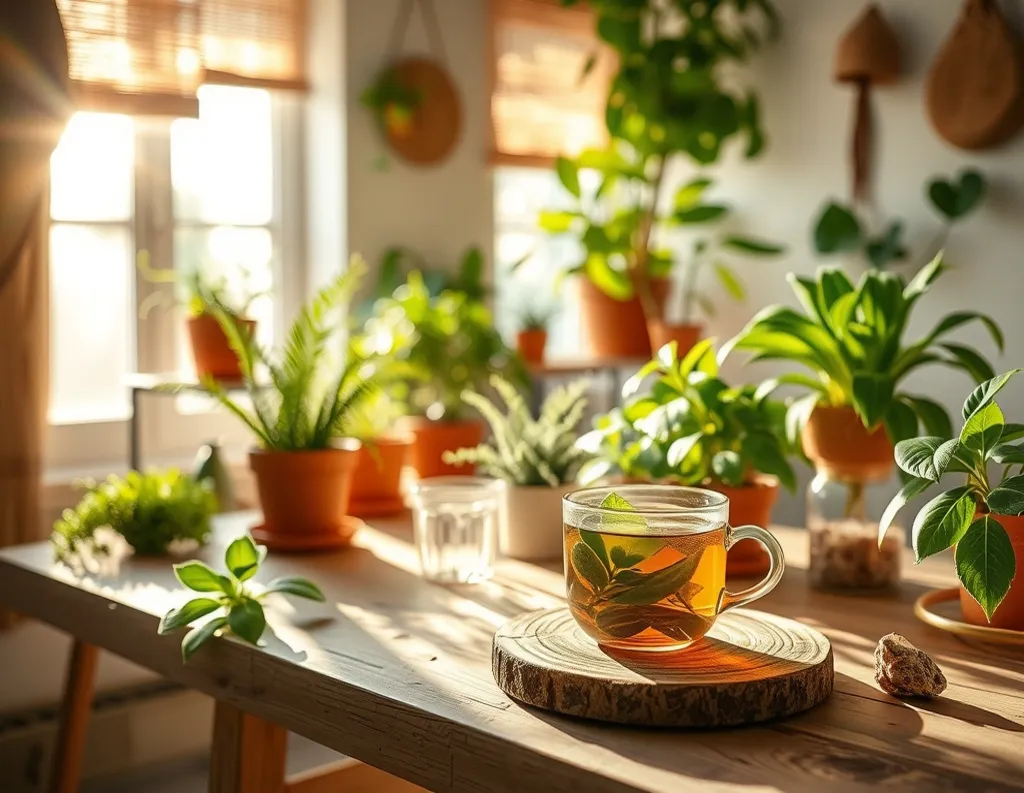 Calm sunlit kitchen showcasing holistic lifestyle meaning with herbal tea, houseplants, and natural textures