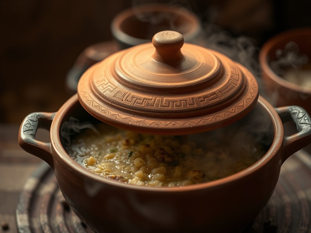 Sattvic khichdi simmering in covered clay pot	