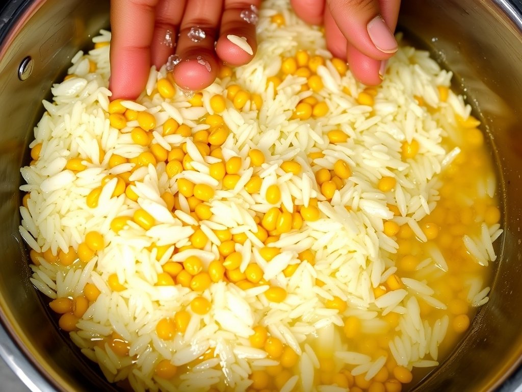 Rice and moong dal rinsed in water before cooking khichdi	