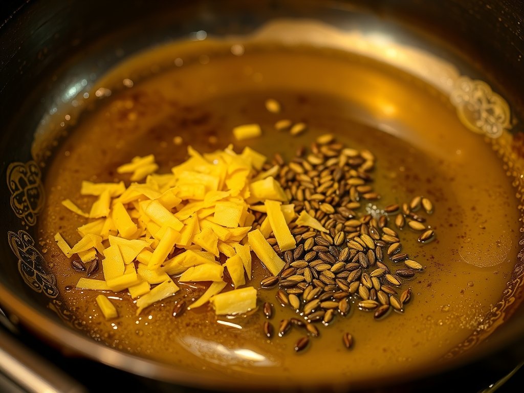 Ginger and cumin seeds sautéing in warm ghee for khichdi	