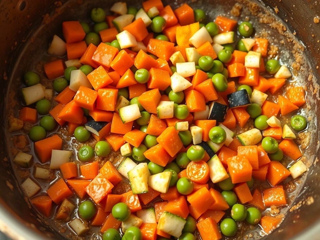Fresh vegetables added to spice base for sattvic khichdi	