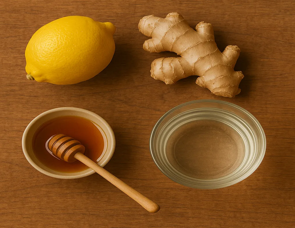 	Ayurvedic ingredients for lemon ginger water recipe – lemon, grated ginger, raw honey, warm water