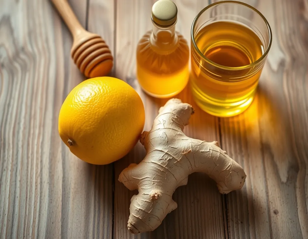 A warm glass of lemon ginger honey water placed on a wooden table with fresh herbs
