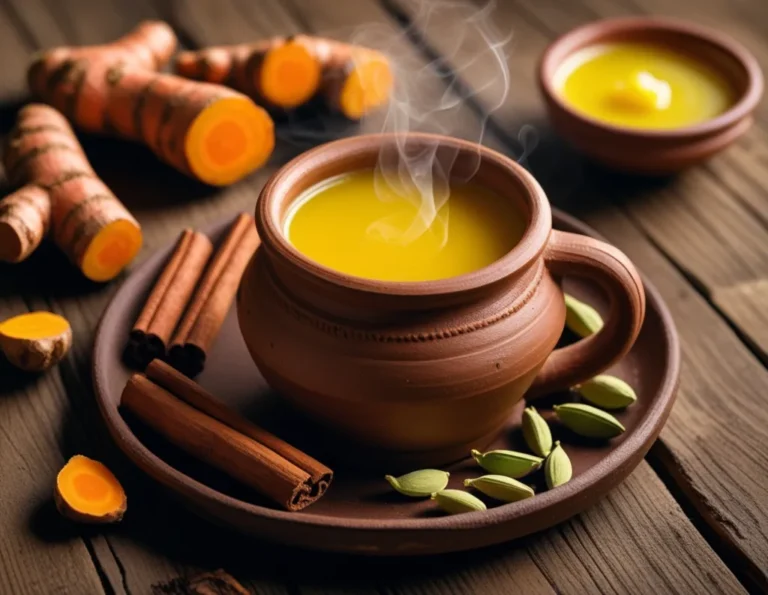 Warm cup of masala haldi doodh (golden turmeric milk) with spices in a rustic setting