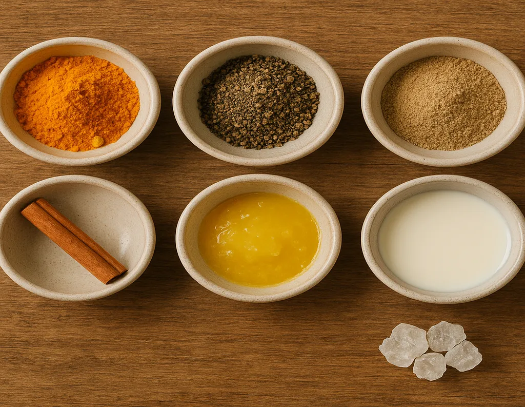 Fresh turmeric root, spices, milk, ghee, and jaggery arranged on a wooden board