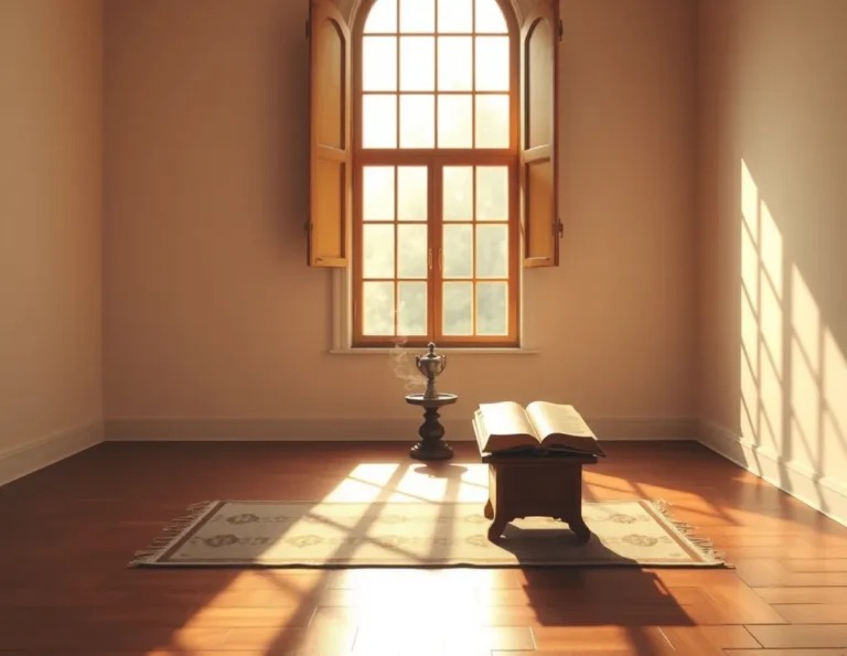 Simple ashram space reflecting spiritual minimalism with mat, light, and incense