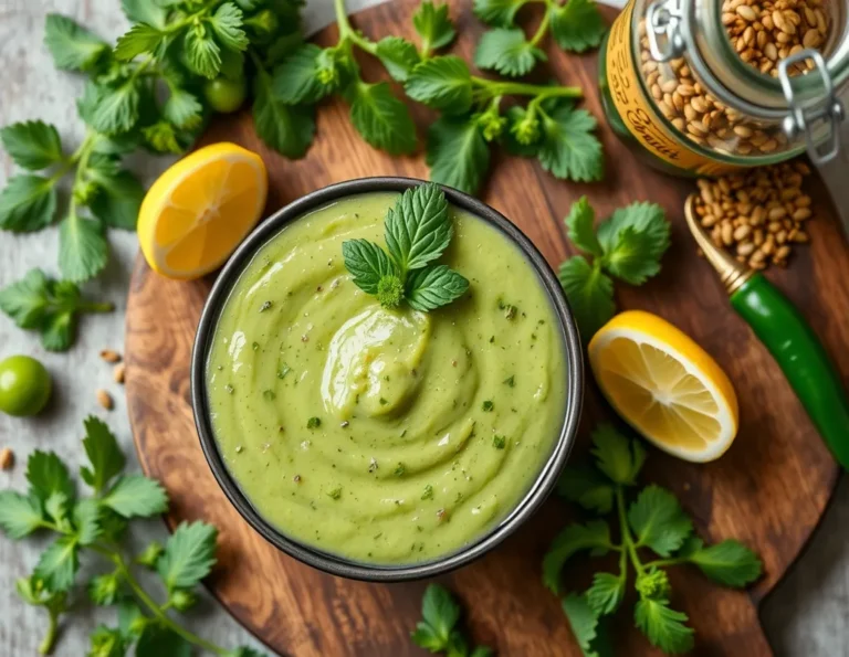 A rustic bowl of vibrant mint coriander chutney served next to lemon wedges and green chutney ingredient