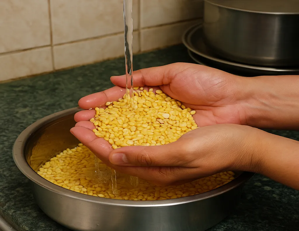 Washing and soaking moong dal for sattvic khichdi
