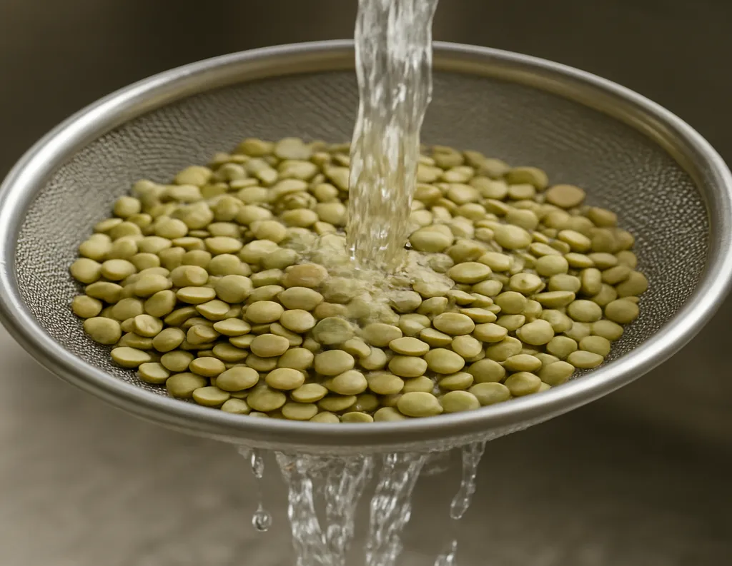 Rinsing lentils in sieve