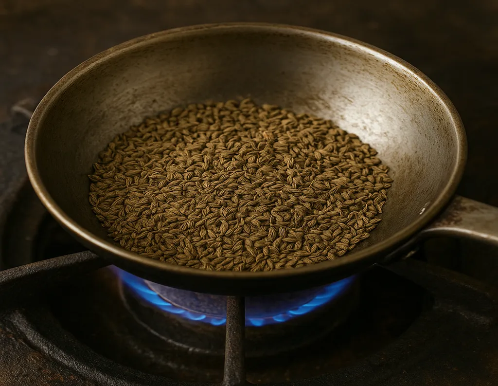 Ajwain seeds roasting in a small pan over low flame.